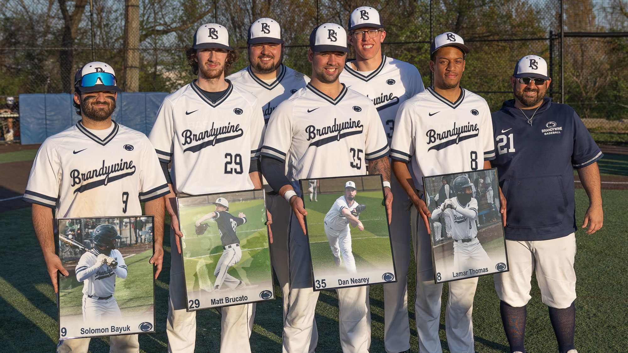 Brandywine baseball seniors Solomon Bayuk, Matt Brucato, Kyle Oechsle, Dan Nearey, Bryce Barrouk and Lamar Thomas with Head Coach Vinny Gallo
