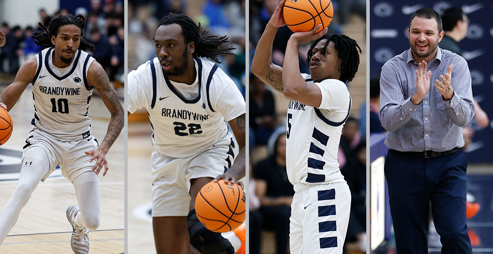 three men's basketball players and coach