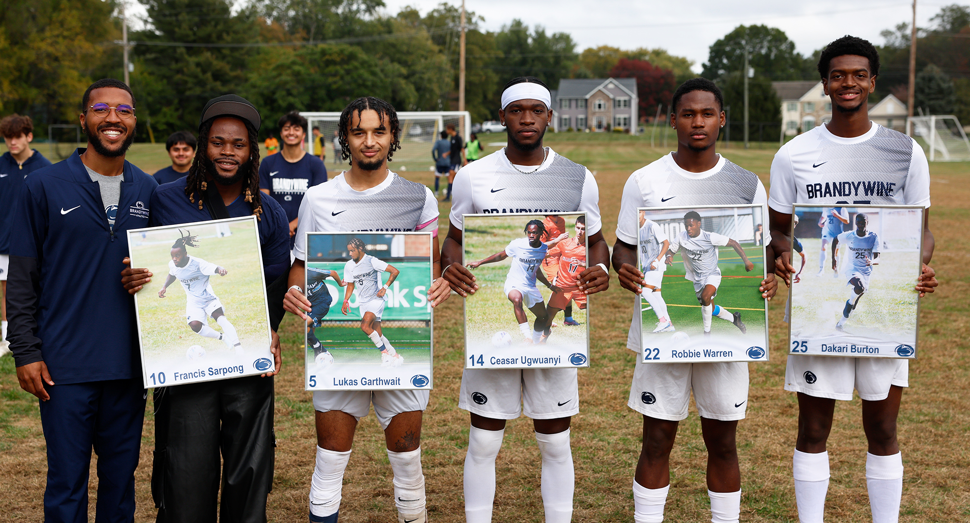 Brandywine's five seniors: Francis Sarpong, Lukas Garthwait, Ceasar Ugwuanyi, Robbie Warren and Dakari Burton with head coach Alex Hood