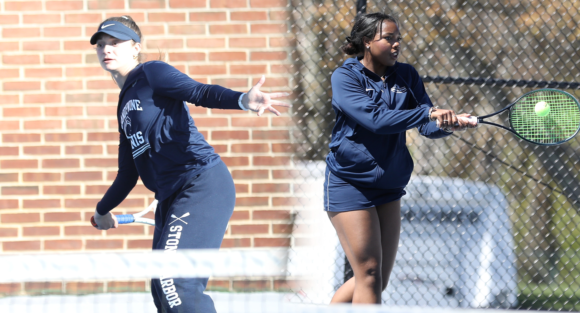 split image of two women's tennis players mid-swing