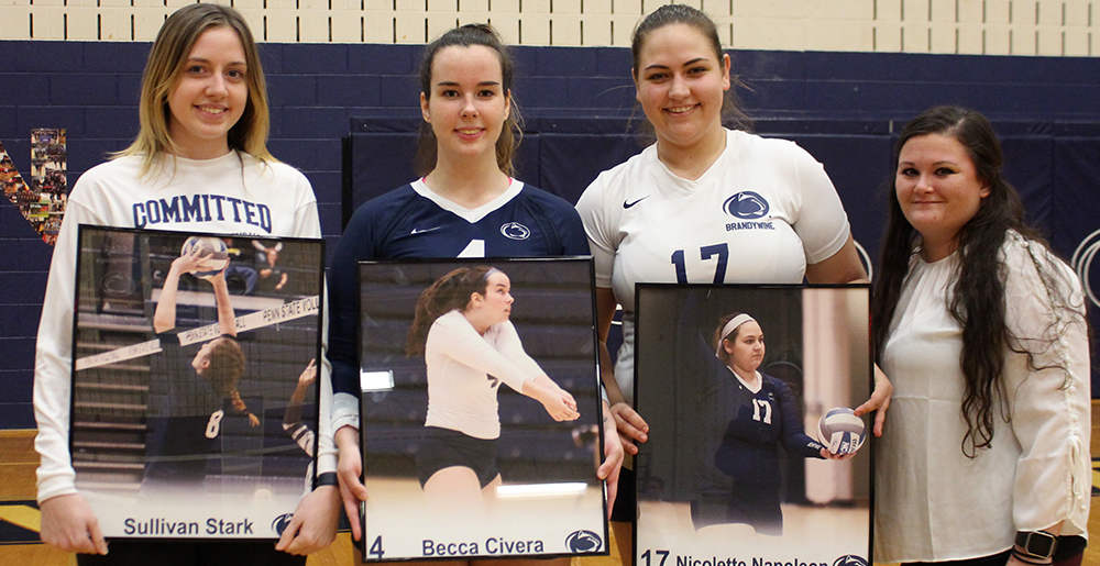 Penn State Brandywine seniors Sullivan Stark, Becca Civera and Nicolette Napoleon with Head Coach Fabiana Scavicchio-Fields